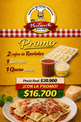 Promo 1  ( 2 cajas Ravioles de verdura. 1 Tuco chico 250grs  1 Queso rallado 100grs )