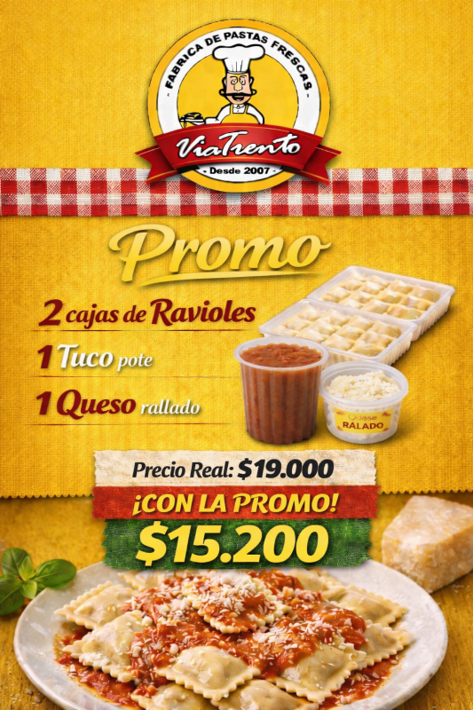Promo 1  ( 2 cajas Ravioles de verdura. 1 Tuco chico 250grs  1 Queso rallado 100grs )