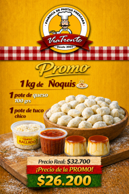 Promo 4 (1kg Ñoquis, 1 tuco mediano 400grs, 1 pote de queso 100grs y 2 flanes)