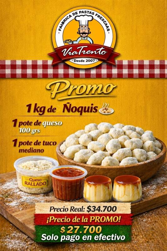 Promo 4 (1kg Ñoquis, 1 tuco mediano 400 grs, 1 pote de queso 100grs y 2 flanes)