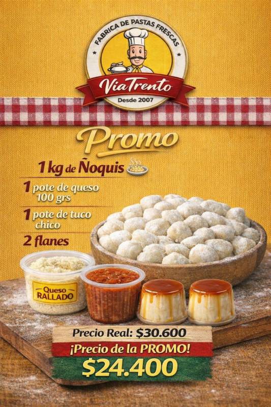 Promo 4 (1kg Ñoquis, 1 tuco mediano 400grs, 1 pote de queso 100grs y 2 flanes)