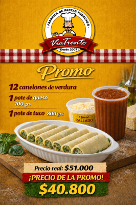 Promo 2  ( 12 canelones de verdura, 1 Tuco grande 800 grs, 1 Queso rallado 100 grs. )