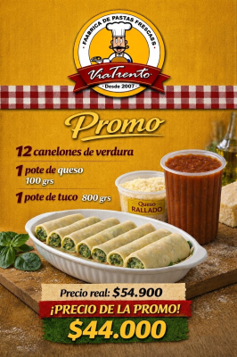 Promo 2  ( 12 canelones de verdura, 1 Tuco grande 800 grs, 1 Queso rallado 100 grs. )