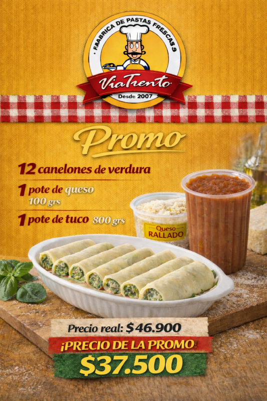 Promo 2  ( 12 canelones de verdura, 1 Tuco grande 800 grs, 1 Queso rallado 100 grs. )
