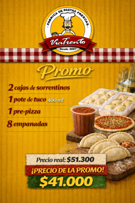 Promo 5 ( 2 Cajas de Sorrentinos - 1 Tuco mediano 400 grs - 1 pre-pizza - 8 empanadas jamón y queso
